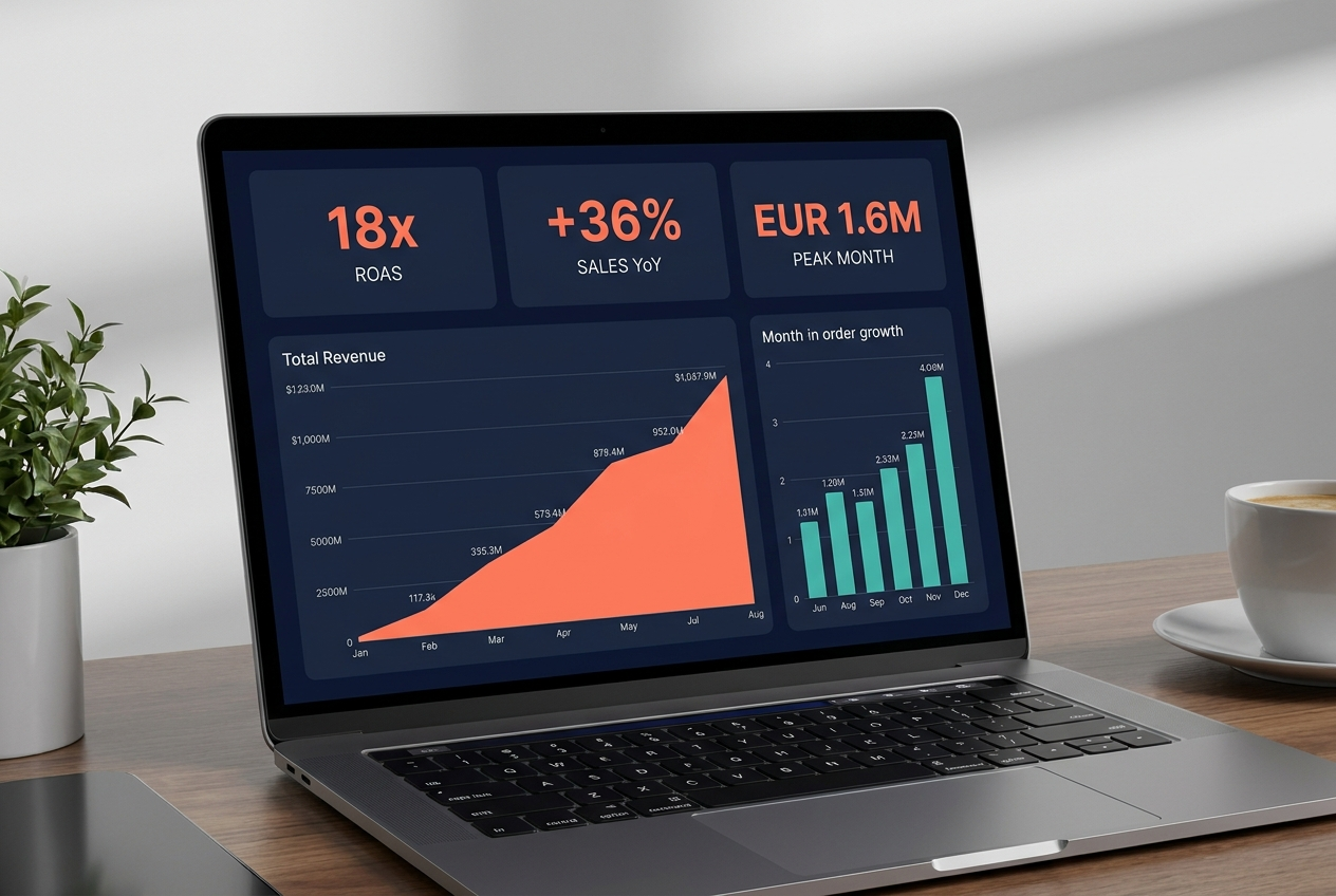 Hurom Europe campaign performance dashboard showing 18x ROAS and revenue growth